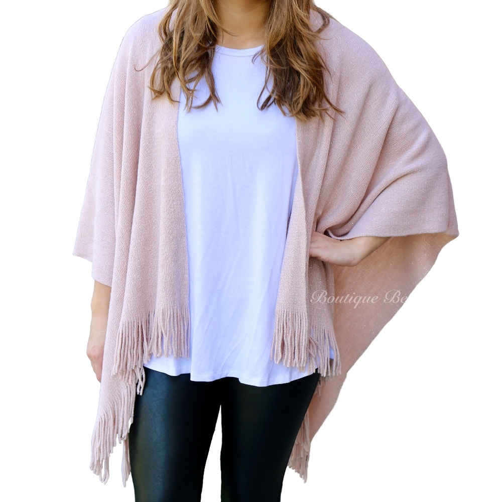 Metallic Pink Ruana Poncho Cardigan with Fringe